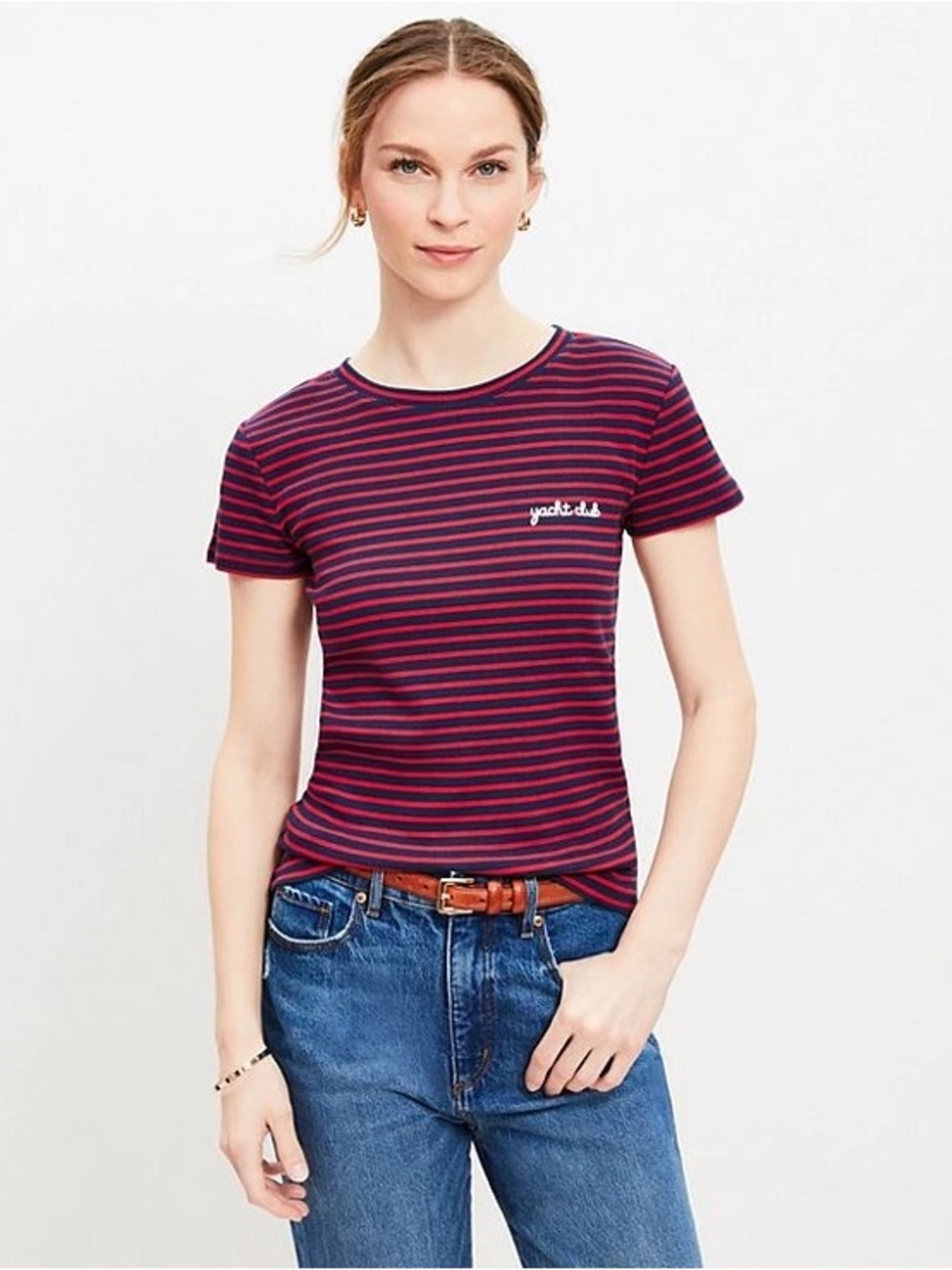 LOFT Burgundy and Navy Striped Short-Sleeve Tee XL